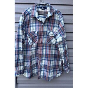 VTG Woolrich Blue Plaid Wool Button Shirt Hunting Made In USA Sz 2XL Long